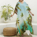 Coconut Tree Print Silk V-Neck Kaftan Dress