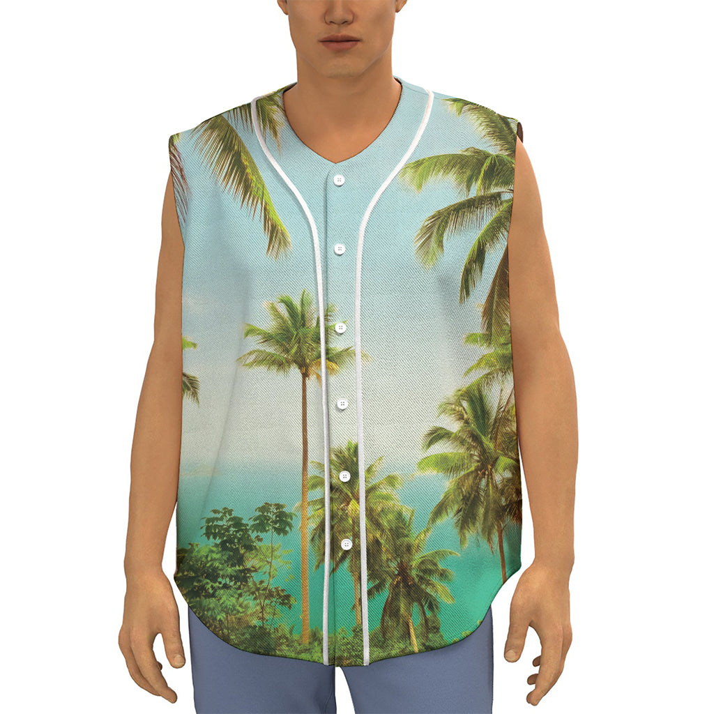 Coconut Tree Print Sleeveless Baseball Jersey