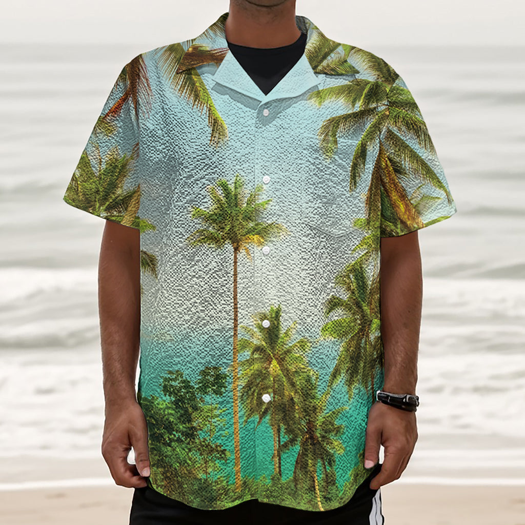 Coconut Tree Print Textured Short Sleeve Shirt