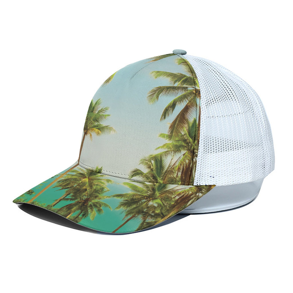 Coconut Tree Print White Mesh Trucker Cap
