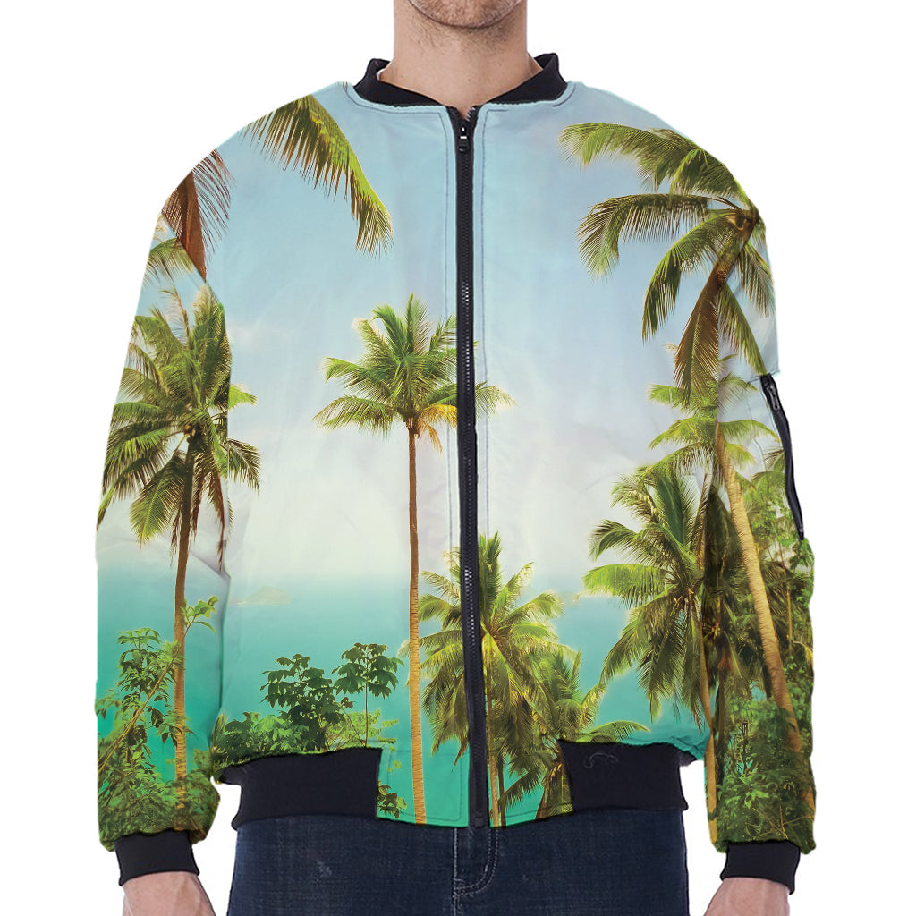 Coconut Tree Print Zip Sleeve Bomber Jacket