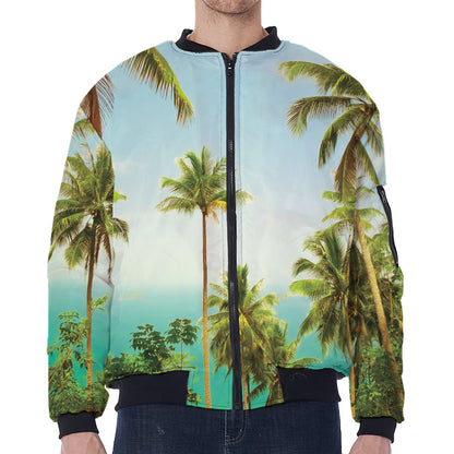 Coconut Tree Print Zip Sleeve Bomber Jacket