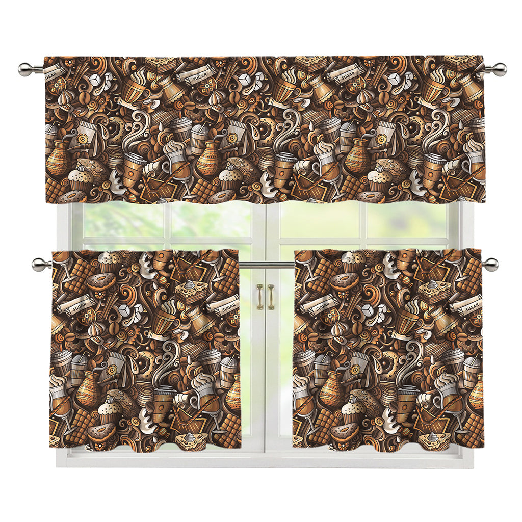 Coffee And Dessert Drawing Pattern Print 3 Piece Kitchen Curtains