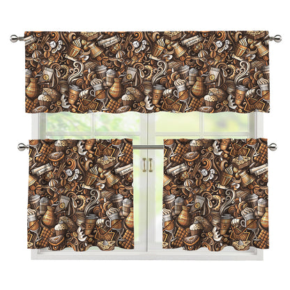 Coffee And Dessert Drawing Pattern Print 3 Piece Kitchen Curtains