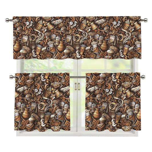 Coffee And Dessert Drawing Pattern Print 3 Piece Kitchen Curtains