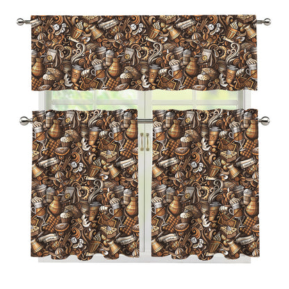 Coffee And Dessert Drawing Pattern Print 3 Piece Kitchen Curtains