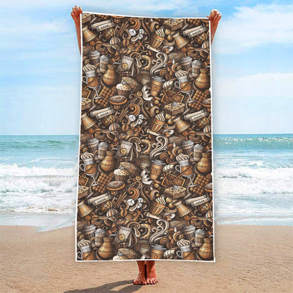 Coffee And Dessert Drawing Pattern Print Beach Towel
