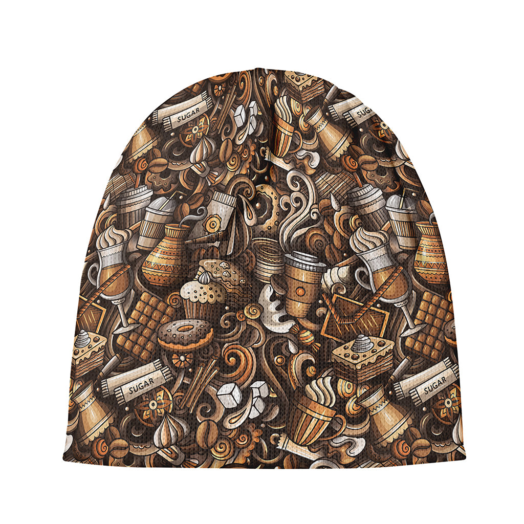 Coffee And Dessert Drawing Pattern Print Beanie
