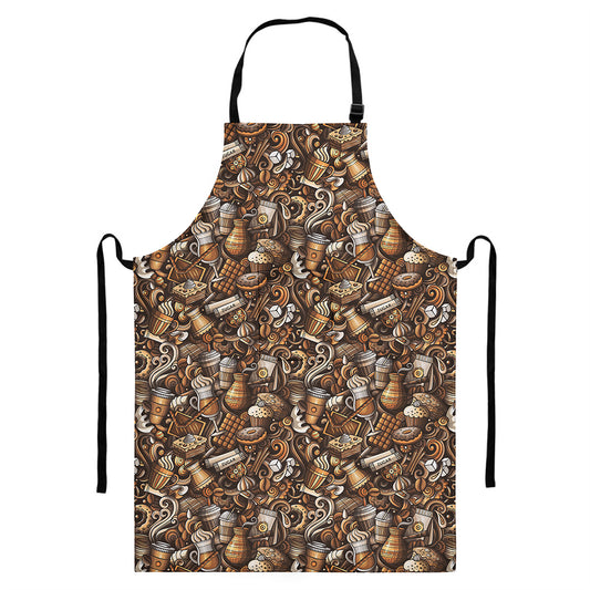Coffee And Dessert Drawing Pattern Print Bib Apron With Pocket