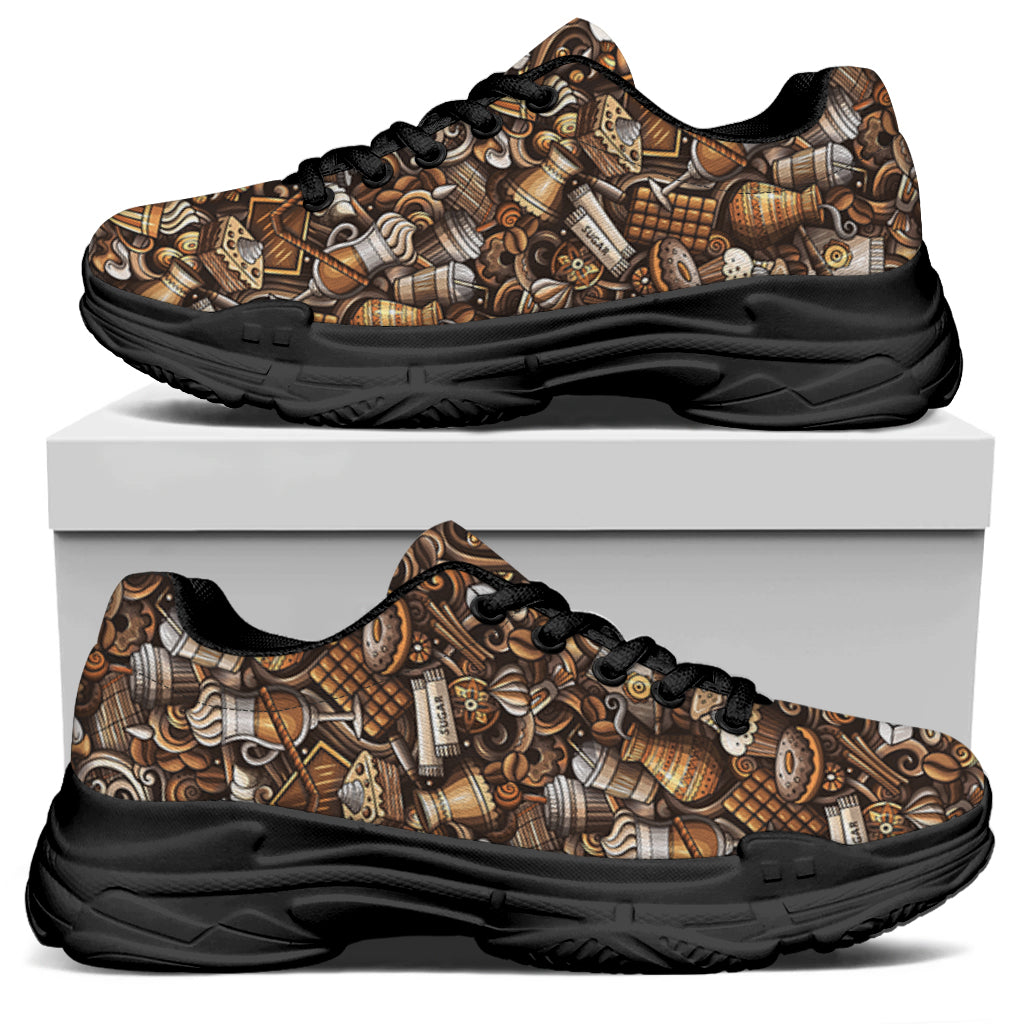 Coffee And Dessert Drawing Pattern Print Black Chunky Shoes