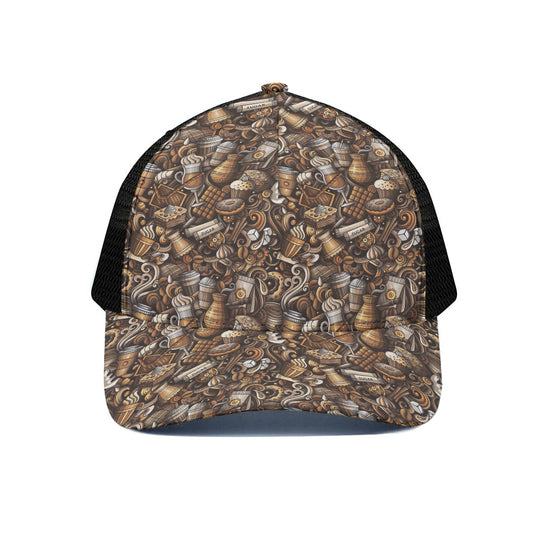 Coffee And Dessert Drawing Pattern Print Black Mesh Trucker Cap
