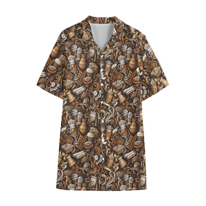 Coffee And Dessert Drawing Pattern Print Cotton Hawaiian Shirt