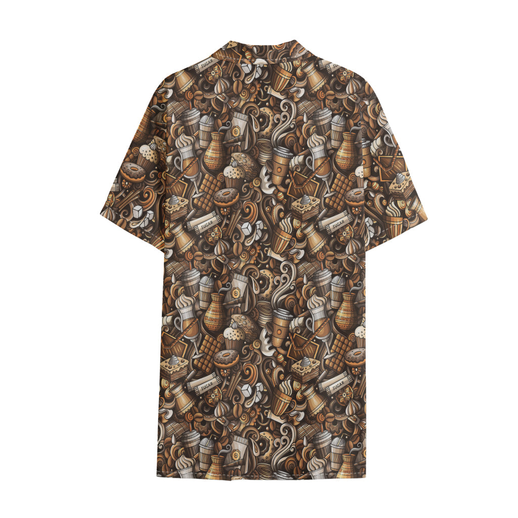 Coffee And Dessert Drawing Pattern Print Cotton Hawaiian Shirt