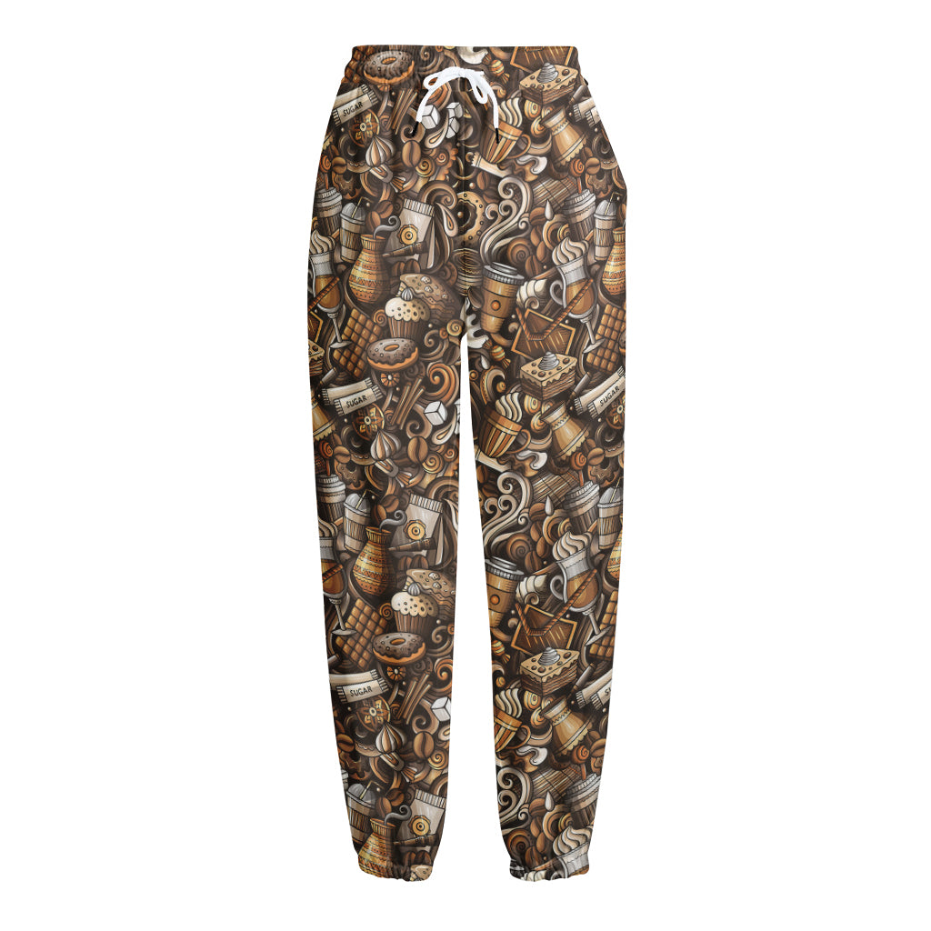 Coffee And Dessert Drawing Pattern Print Fleece Lined Knit Pants