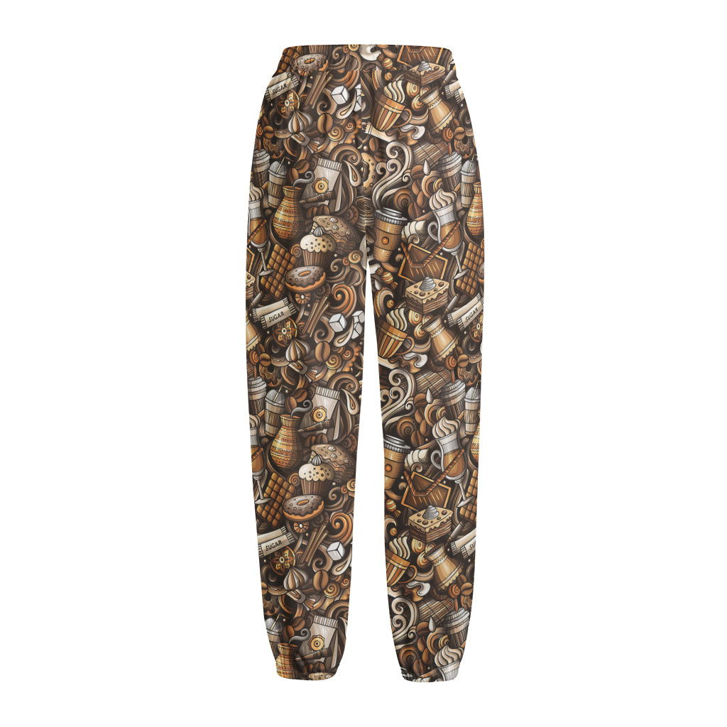 Coffee And Dessert Drawing Pattern Print Fleece Lined Knit Pants