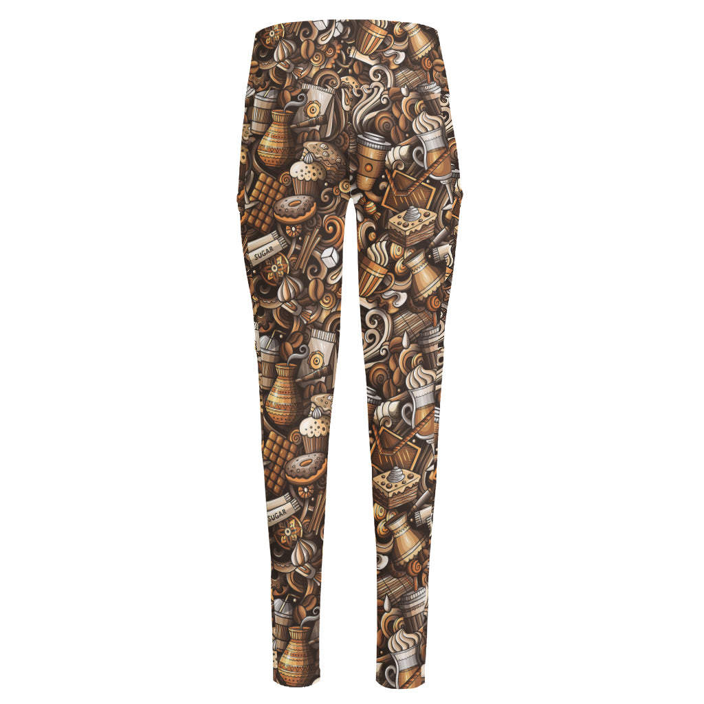Coffee And Dessert Drawing Pattern Print High-Waisted Pocket Leggings
