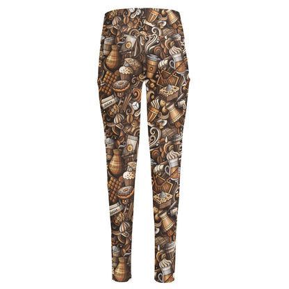 Coffee And Dessert Drawing Pattern Print High-Waisted Pocket Leggings
