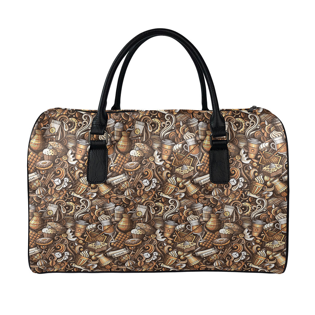 Coffee And Dessert Drawing Pattern Print Leather Duffle Bag