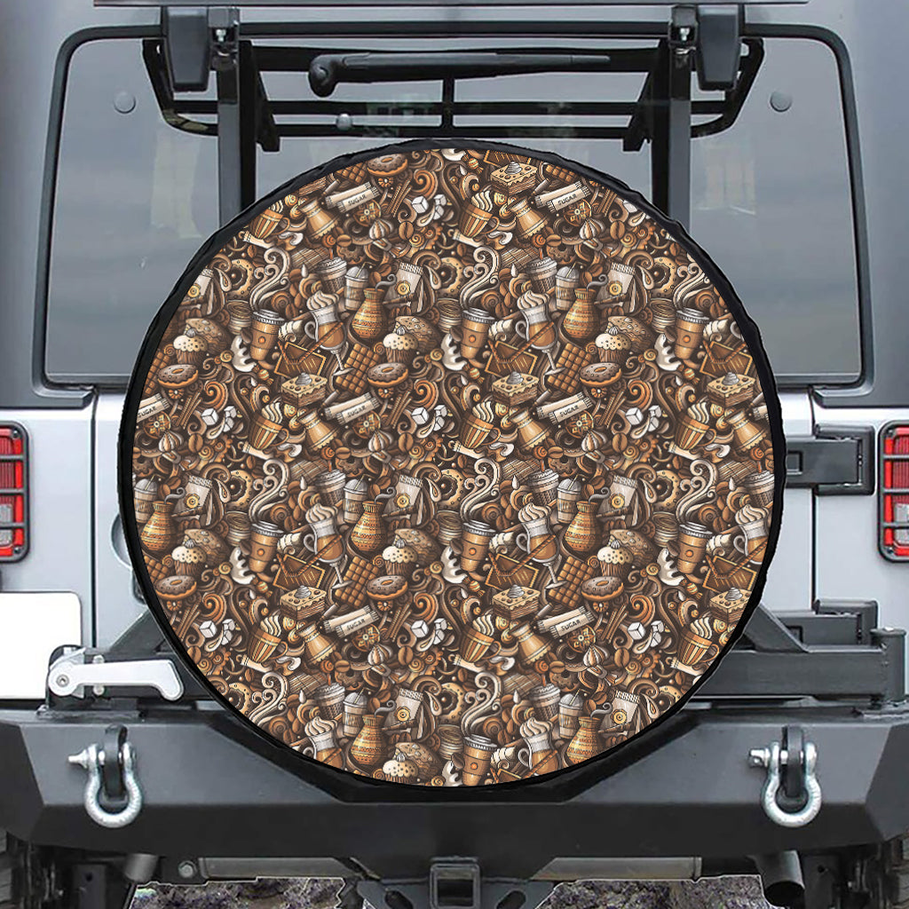 Coffee And Dessert Drawing Pattern Print Leather Spare Tire Cover