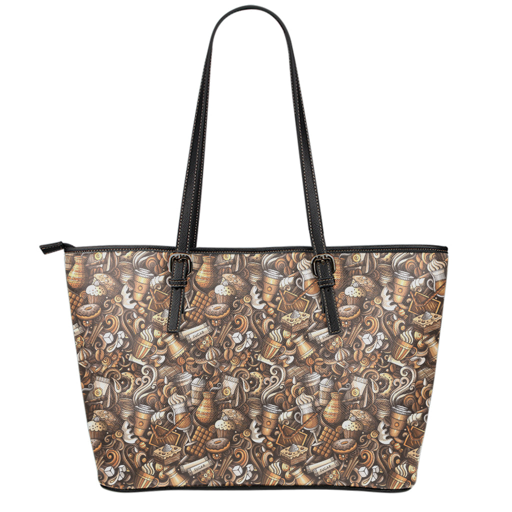 Coffee And Dessert Drawing Pattern Print Leather Tote Bag