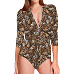 Coffee And Dessert Drawing Pattern Print Long Sleeve Swimsuit