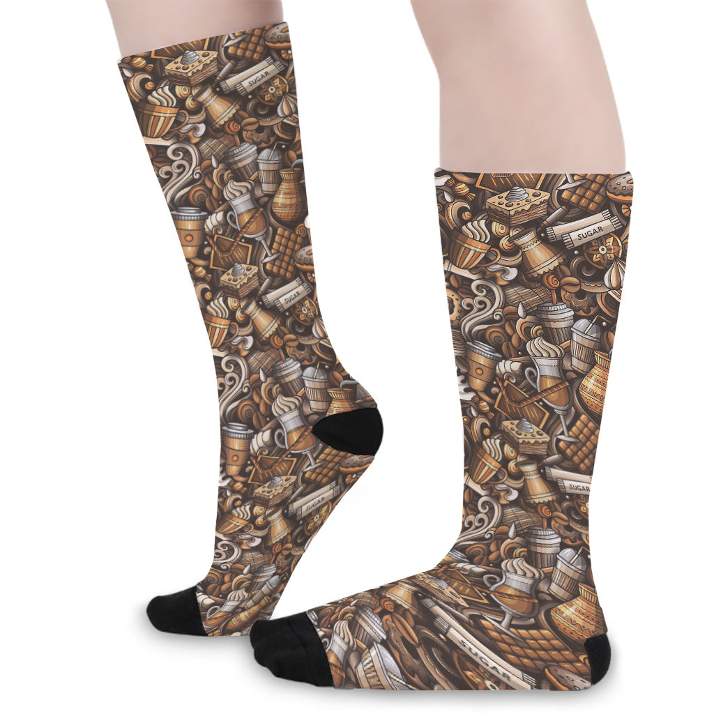 Coffee And Dessert Drawing Pattern Print Long Socks
