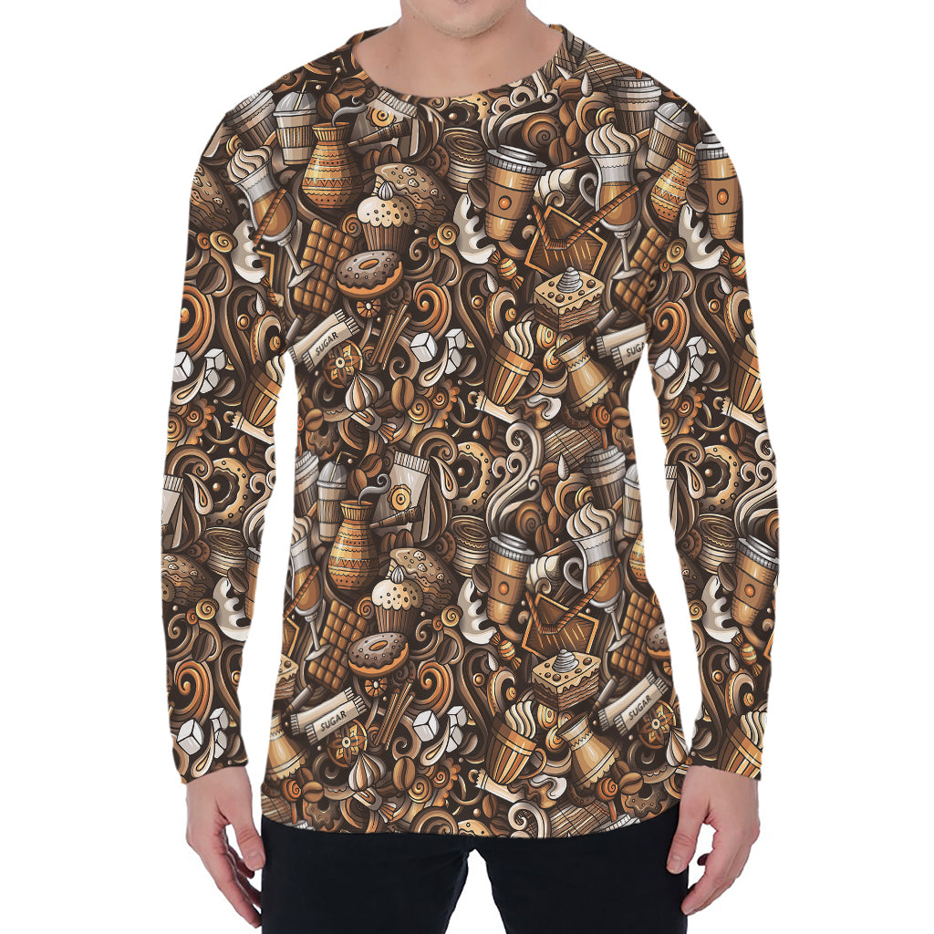 Coffee And Dessert Drawing Pattern Print Men's Long Sleeve T-Shirt