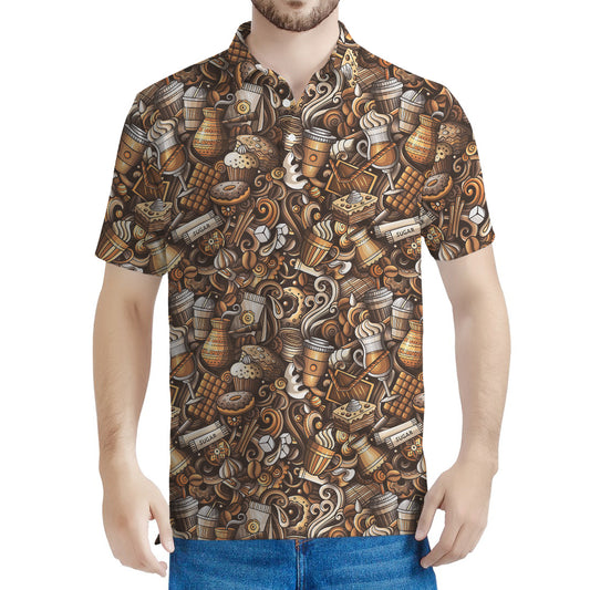Coffee And Dessert Drawing Pattern Print Men's Polo Shirt