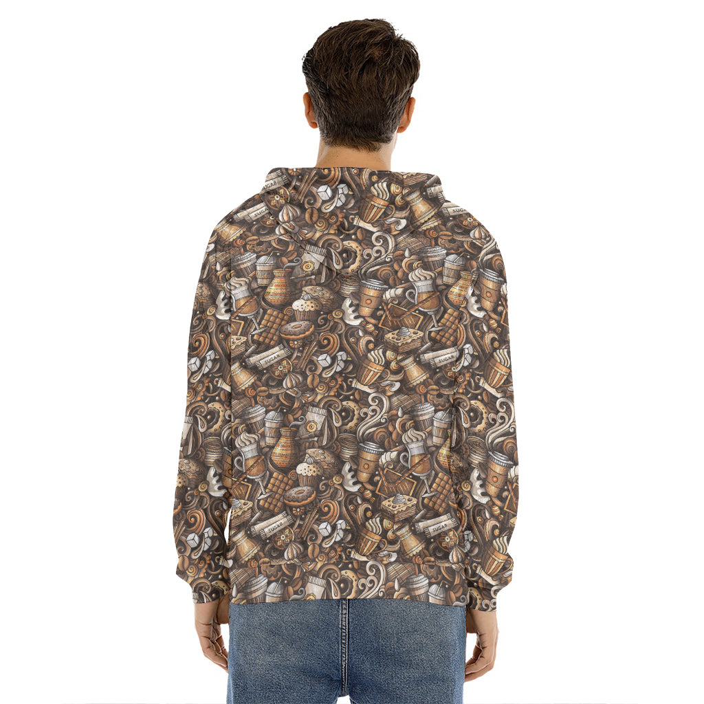 Coffee And Dessert Drawing Pattern Print Men's Velvet Pullover Hoodie