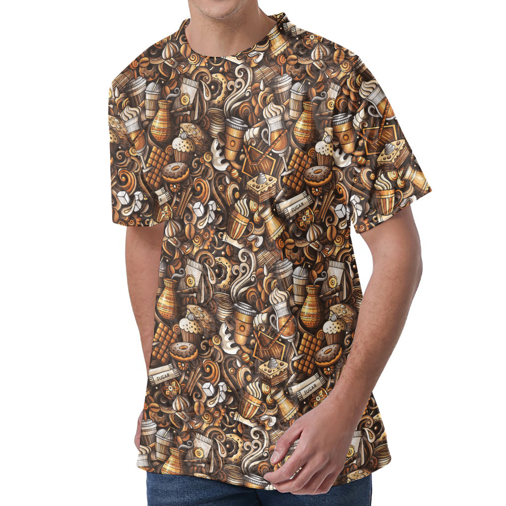 Coffee And Dessert Drawing Pattern Print Men's Velvet T-Shirt