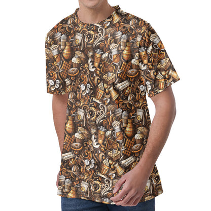 Coffee And Dessert Drawing Pattern Print Men's Velvet T-Shirt