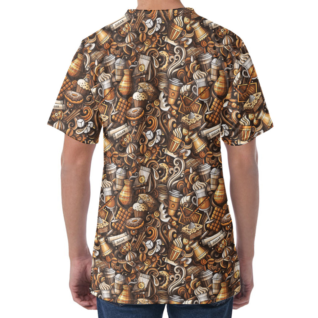 Coffee And Dessert Drawing Pattern Print Men's Velvet T-Shirt