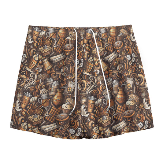 Coffee And Dessert Drawing Pattern Print Mesh Shorts