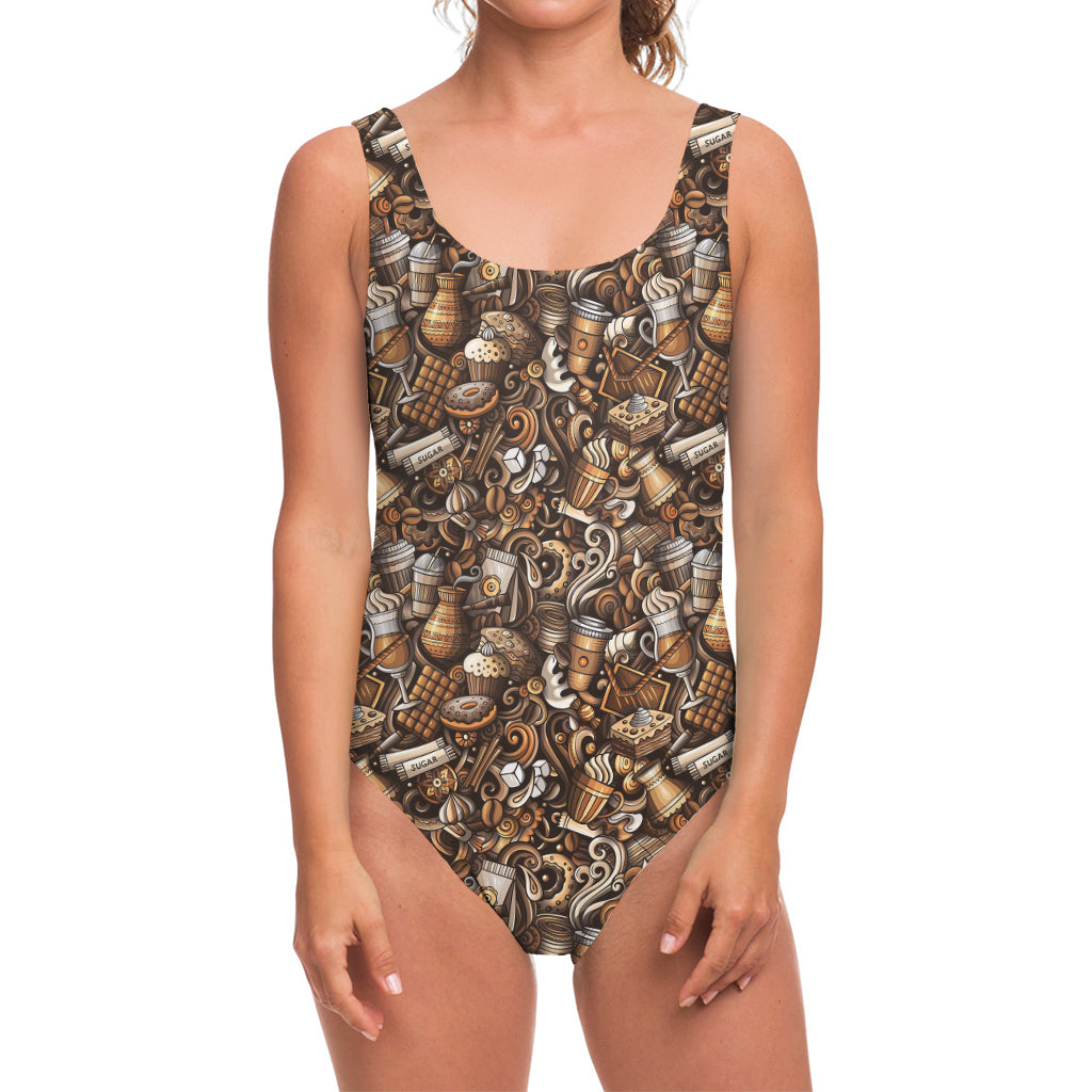 Coffee And Dessert Drawing Pattern Print One Piece Swimsuit