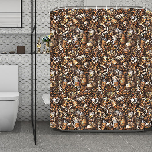 Coffee And Dessert Drawing Pattern Print Polyester Shower Curtain