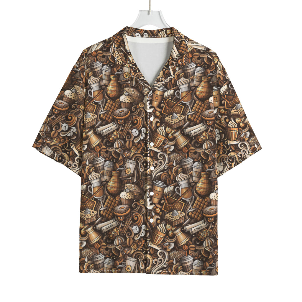 Coffee And Dessert Drawing Pattern Print Rayon Hawaiian Shirt