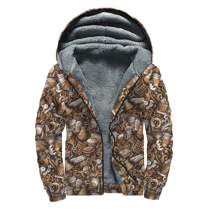 Coffee And Dessert Drawing Pattern Print Sherpa Lined Zip Up Hoodie