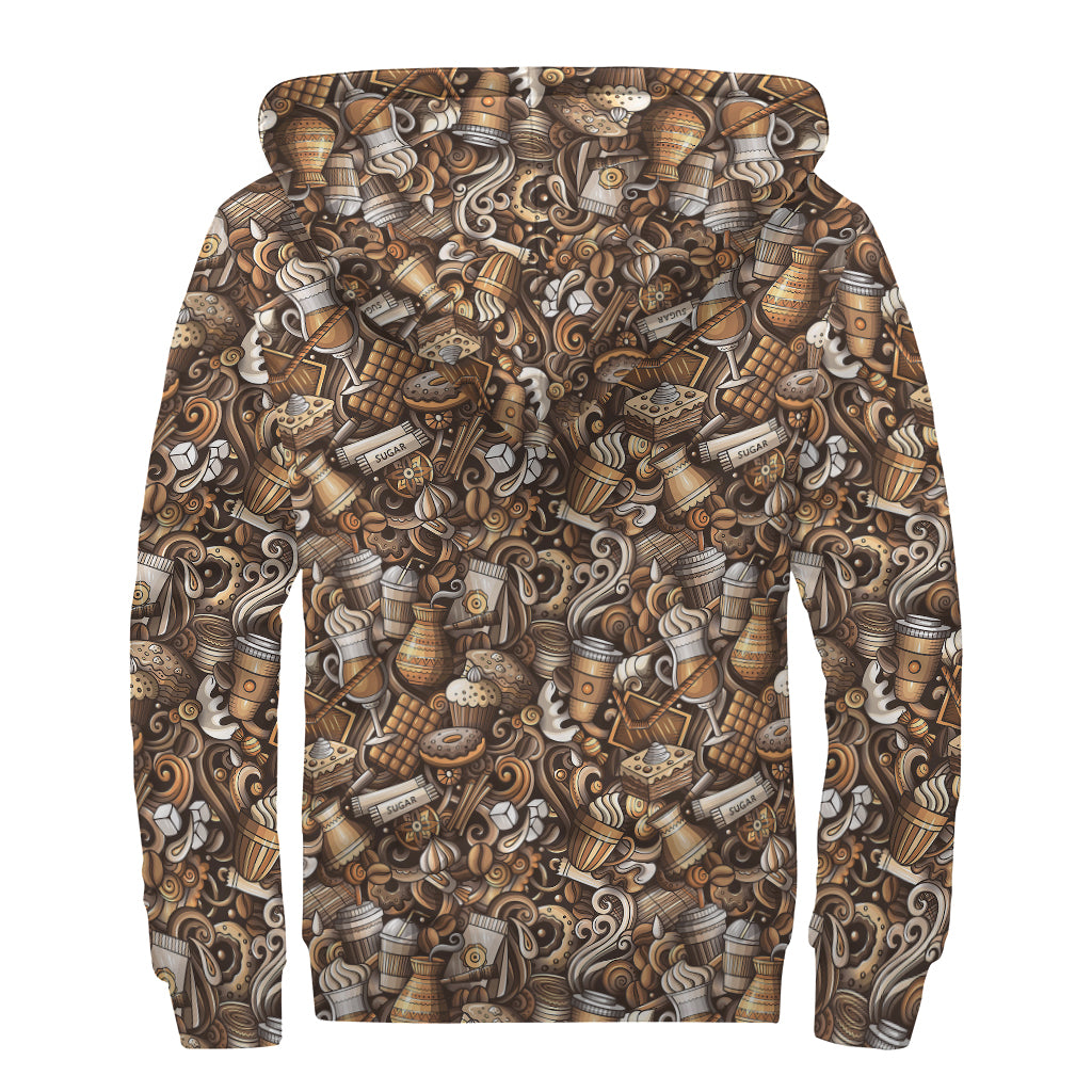 Coffee And Dessert Drawing Pattern Print Sherpa Lined Zip Up Hoodie