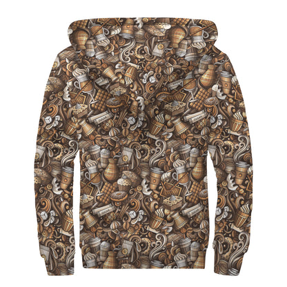 Coffee And Dessert Drawing Pattern Print Sherpa Lined Zip Up Hoodie