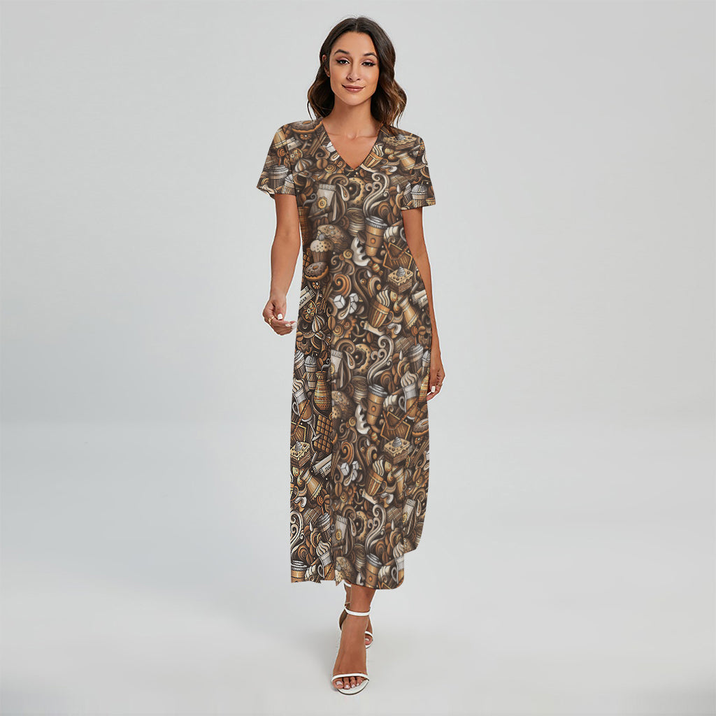 Coffee And Dessert Drawing Pattern Print Short Sleeve Maxi Dress