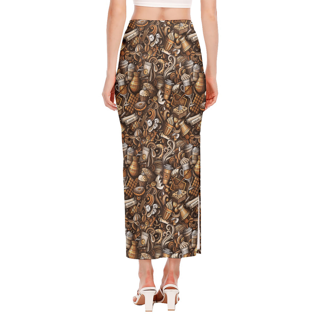 Coffee And Dessert Drawing Pattern Print Side Slit Maxi Skirt