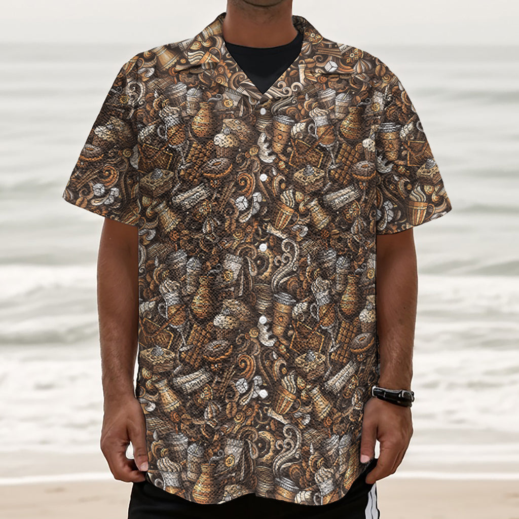 Coffee And Dessert Drawing Pattern Print Textured Short Sleeve Shirt