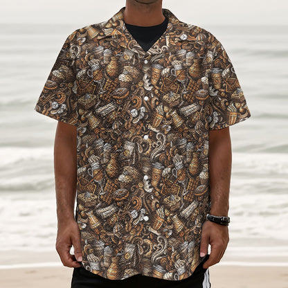 Coffee And Dessert Drawing Pattern Print Textured Short Sleeve Shirt