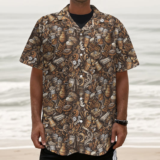 Coffee And Dessert Drawing Pattern Print Textured Short Sleeve Shirt