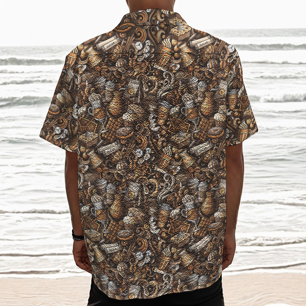 Coffee And Dessert Drawing Pattern Print Textured Short Sleeve Shirt