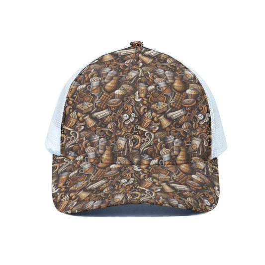 Coffee And Dessert Drawing Pattern Print White Mesh Trucker Cap