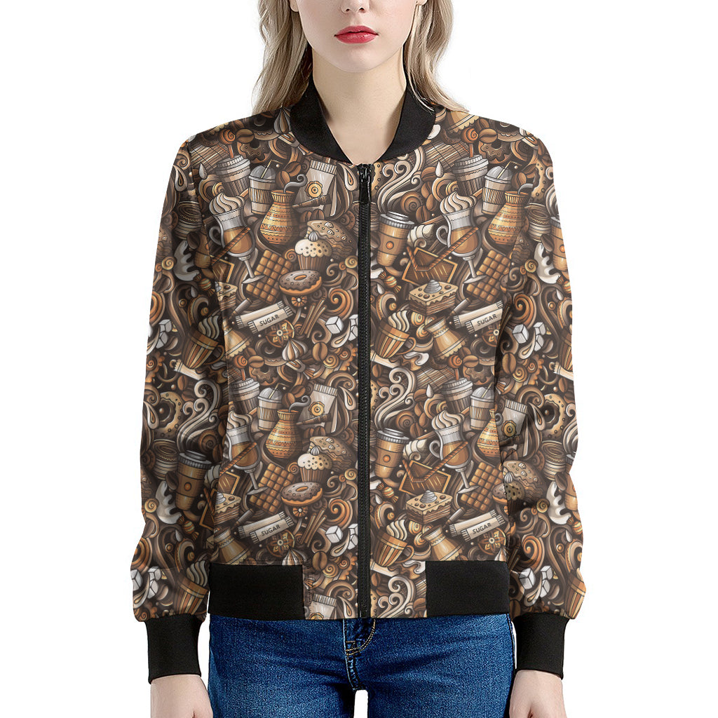 Coffee And Dessert Drawing Pattern Print Women's Bomber Jacket