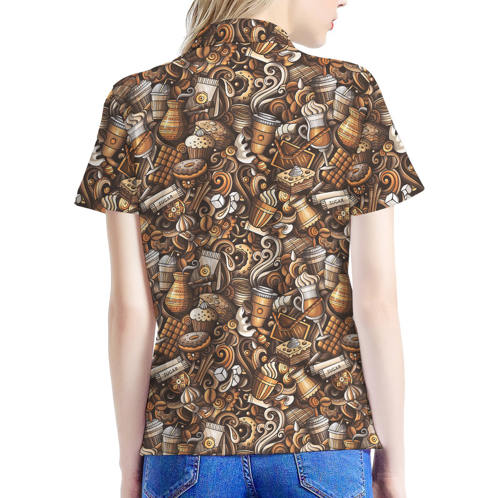 Coffee And Dessert Drawing Pattern Print Women's Polo Shirt