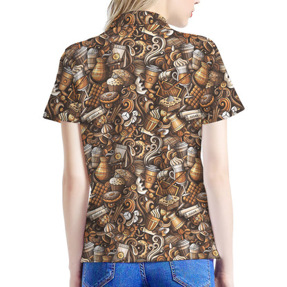 Coffee And Dessert Drawing Pattern Print Women's Polo Shirt