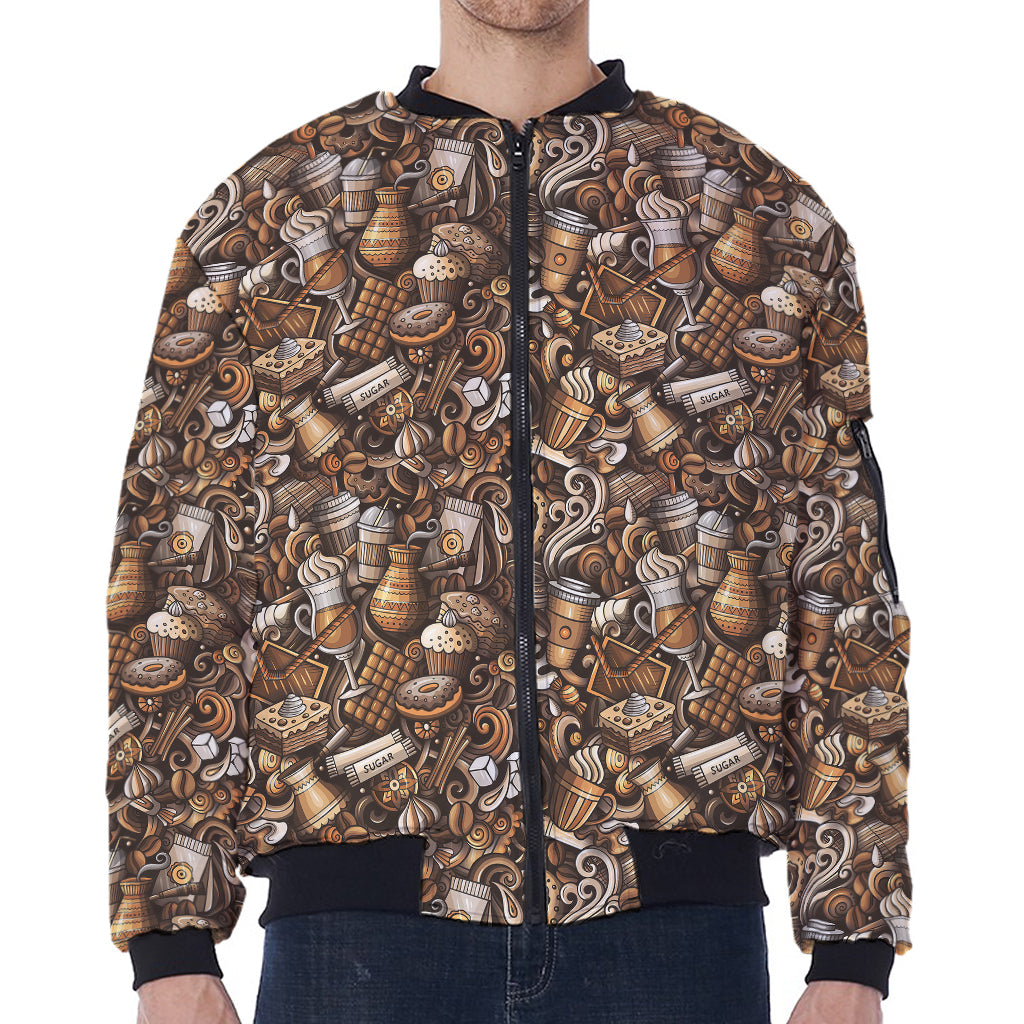 Coffee And Dessert Drawing Pattern Print Zip Sleeve Bomber Jacket